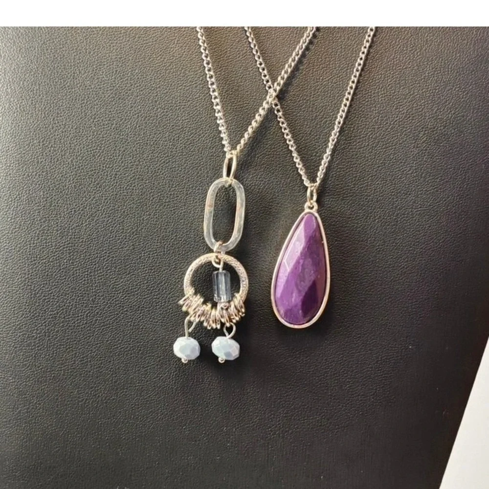 Pendant Necklace Set Purple Silver Boho Whimsygoth Statement